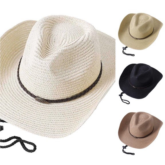 Unisex Solid Ribbon Cowboy Straw Hat Cow Head Dough Breathable Sunshade Hat Fancy Winter Hat One Size