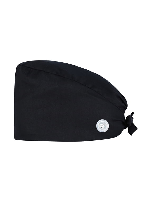 Unisex Solid Scrub Caps with Sweat Buttons, Adjustable Tie Back Breathable Lightweight Soft Working Cap Nurse Doctor Hospital Staff Headwear Black One Size