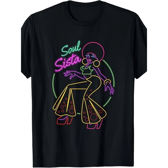 Unisex Soul Sista 70s Disco Graphic T‑Shirt, Neon Retro Afro Dance Woman Print Short‑Sleeve Crew‑Neck Vintage 1970s Party Casual Tee