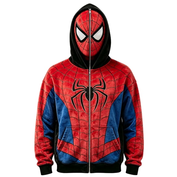 Unisex Spider Hero Full Zip Masked Hood Hoodie, Classic Printed Pocket Sweatshirt Halloween Roleplay Outfit