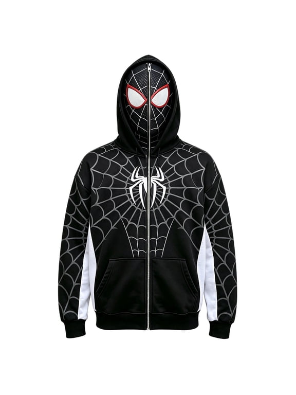Unisex Spider Hero Full Zip Masked Hoodie, Casual Long Sleeve Sporty Sweatshirt Loose Fit Hooded Top for Adults and Kids Daily Streetwear