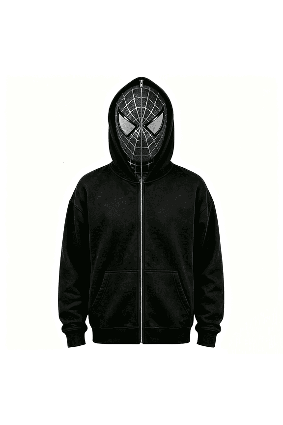 Unisex Spider Hero Mask Hoodie, Full-Zip Graphic Hooded Sweatshirt Spiderweb Design for Halloween Cosplay Themed Party