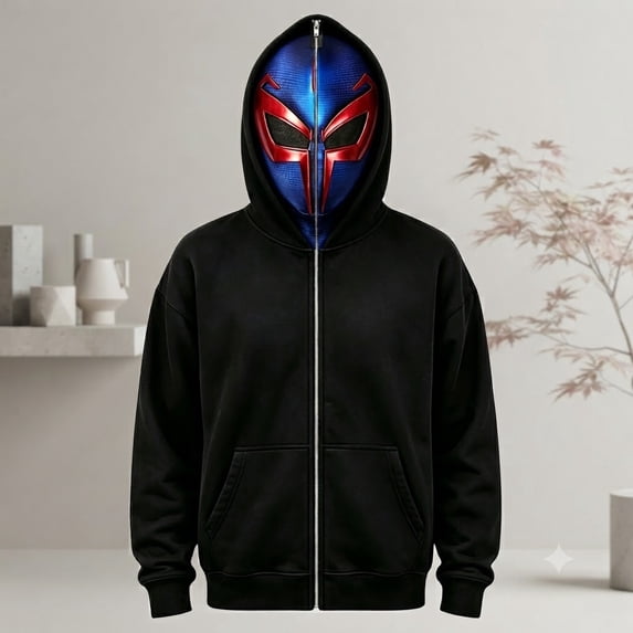Unisex Spider Hero Mask Hoodie, Full-Zip Graphic Hooded Sweatshirt Spiderweb Design for Halloween Cosplay Themed Party