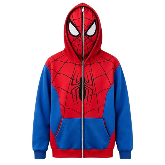 Unisex Spider Superhero Cosplay Hooded Jacket, Graphic Full Mask Long Sleeve Zipper Sweatshirt Costume Outwear for Gift, Blue, 150