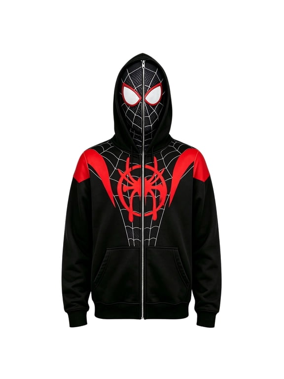 Unisex Spider Superhero Cosplay Hooded Jacket, Graphic Full Mask Long Sleeve Zipper Sweatshirt Costume Outwear for Gift, Watermelon Red, XL