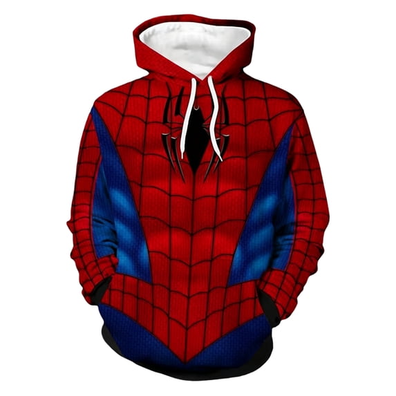 Unisex Spider Superhero Cosplay Hoodie, 3D Web Printed Long Sleeve Drawstring Hooded Sweatshirt Pullover for Halloween Party, Deep Red, 2XL