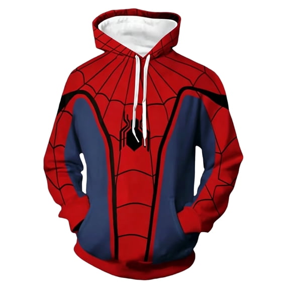 Unisex Spider Superhero Cosplay Hoodie, 3D Web Printed Long Sleeve Drawstring Hooded Sweatshirt Pullover for Halloween Party, Red, L