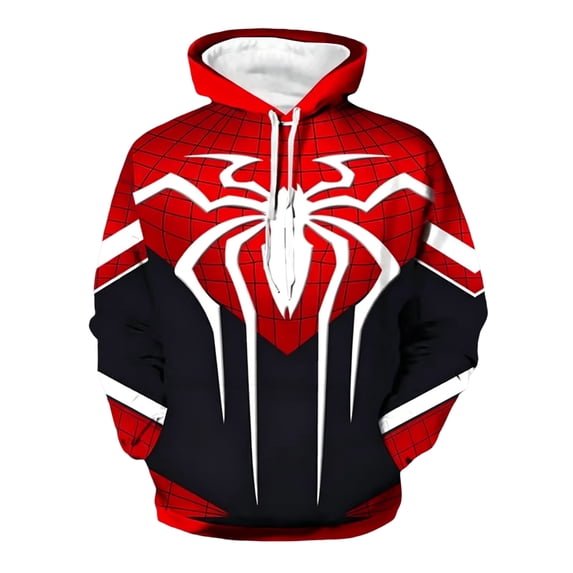 Unisex Spider Superhero Cosplay Hoodie, 3D Web Printed Long Sleeve Drawstring Hooded Sweatshirt Pullover for Halloween Party, Vermilion, L