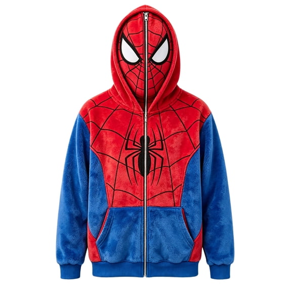 Unisex Spider Superhero Fleece Hoodie Jacket, Full Zipper Long Sleeve Plush Loungewear Sweatshirt with Pockets, Vermilion, S