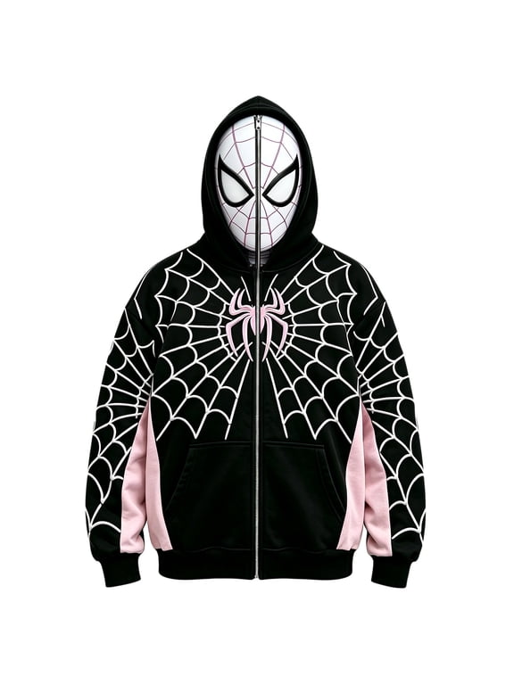 Unisex Spider Superhero Zip Up Hoodie, Full Mask Graphic Long Sleeve Halloween Cosplay Sweatshirt Jacket with Pockets, Pink, 110