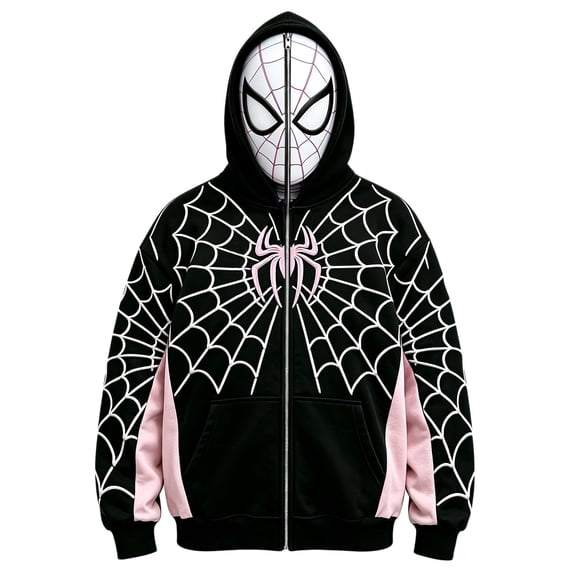 Unisex Spider Superhero Zip Up Hoodie, Full Mask Graphic Long Sleeve Halloween Cosplay Sweatshirt Jacket with Pockets, Pink, 2XL