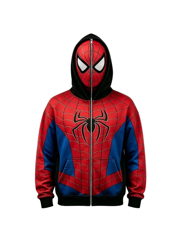 Unisex Spider Superhero Zip Up Hoodie, Full Mask Graphic Long Sleeve Halloween Cosplay Sweatshirt Jacket with Pockets, Red, 100