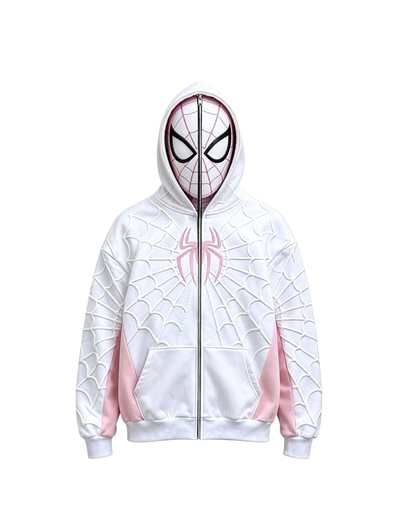 Unisex Spider Superhero Zip Up Hoodie, Full Mask Graphic Long Sleeve Halloween Cosplay Sweatshirt Jacket with Pockets, White, S
