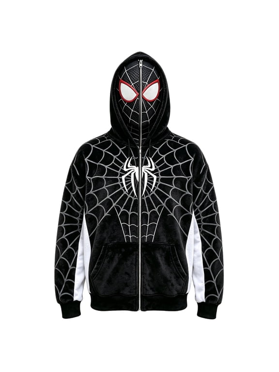 Unisex Spider Superhero Zip Up Hoodie, Full Mask Plush Fleece Halloween Cosplay Sweatshirt Jacket with Pockets, Black, 110