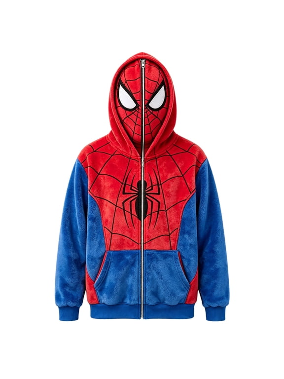 Unisex Spider Superhero Zip Up Hoodie, Full Mask Plush Fleece Halloween Cosplay Sweatshirt Jacket with Pockets, Vermilion, 140
