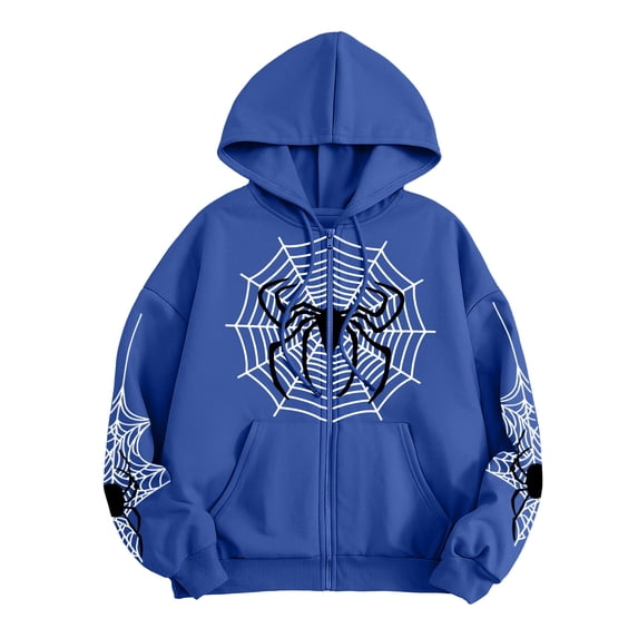 Unisex Spider Web Graphic Zip Up Hoodie Drawstring Long Sleeve Oversized Sweatshirt Gothic Streetwear Y2K Casual Jacket Halloween Tops Blue M