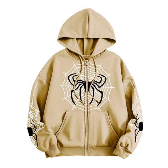 Unisex Spider Web Graphic Zip Up Hoodie Drawstring Long Sleeve Oversized Sweatshirt Gothic Streetwear Y2K Casual Jacket Halloween Tops Brown 2XL