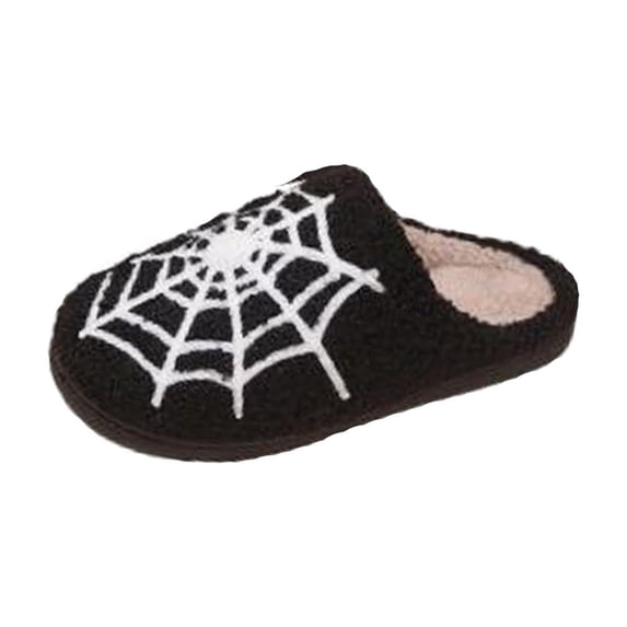 Unisex Spider Web Plush Mule Slippers, Halloween Closed Toe Teddy Fleece House Slippers, Thick Non-Slip Sole Warm Fluffy Indoor Bedroom Slippers
