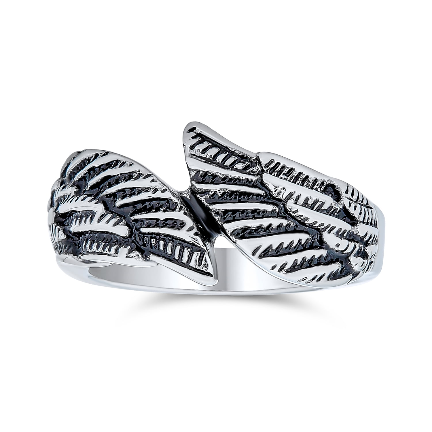 Unisex Spiritual Guardian Angel Wing Feather Band Ring Darken Stainless