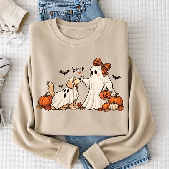 Unisex Spooky Season Halloween Ghost Patchwork Fall Autumn Cottagecore Crewneck Sweatshirt
