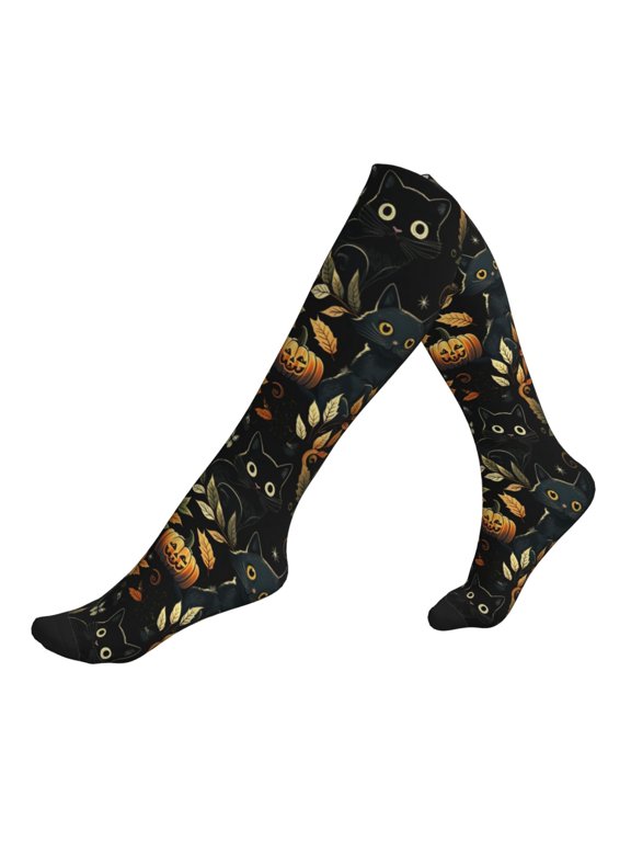Unisex Sports Compression Socks for Nurses, Travel, Hiking & Office Work for Men Women, Cats Halloween Black