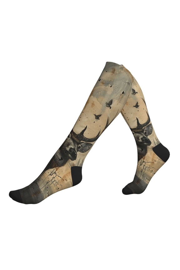 Unisex Sports Compression Socks for Nurses, Travel, Hiking & Office Work for Men Women, Deer Vintage Camo Art Black