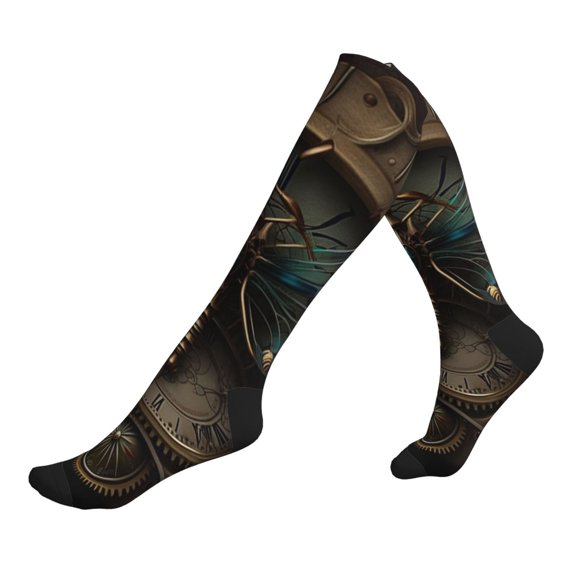 Unisex Sports Compression Socks for Nurses, Travel, Hiking & Office Work for Men Women, Dragonfly Dials Steampunk Art