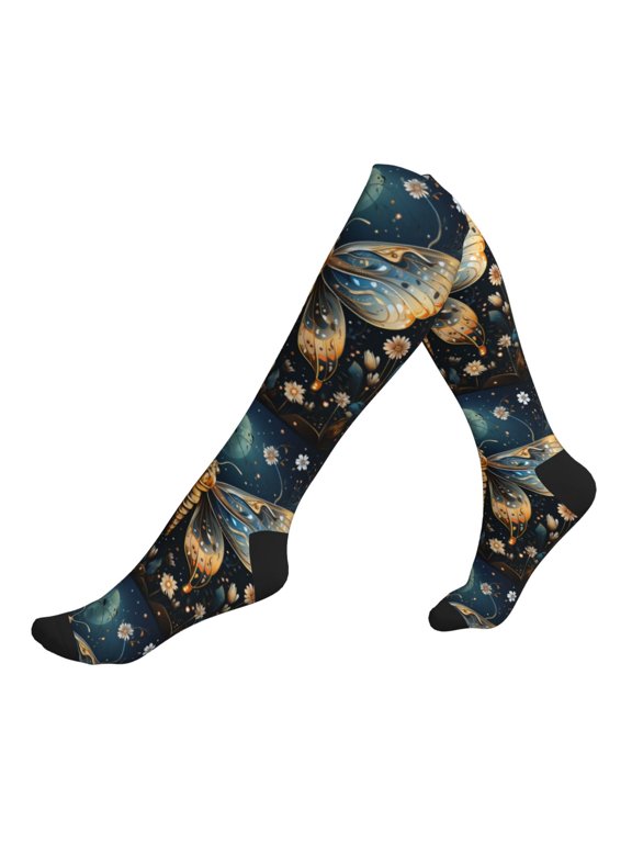 Unisex Sports Compression Socks for Nurses, Travel, Hiking & Office Work for Men Women, Hawk Moth Fireflies Art