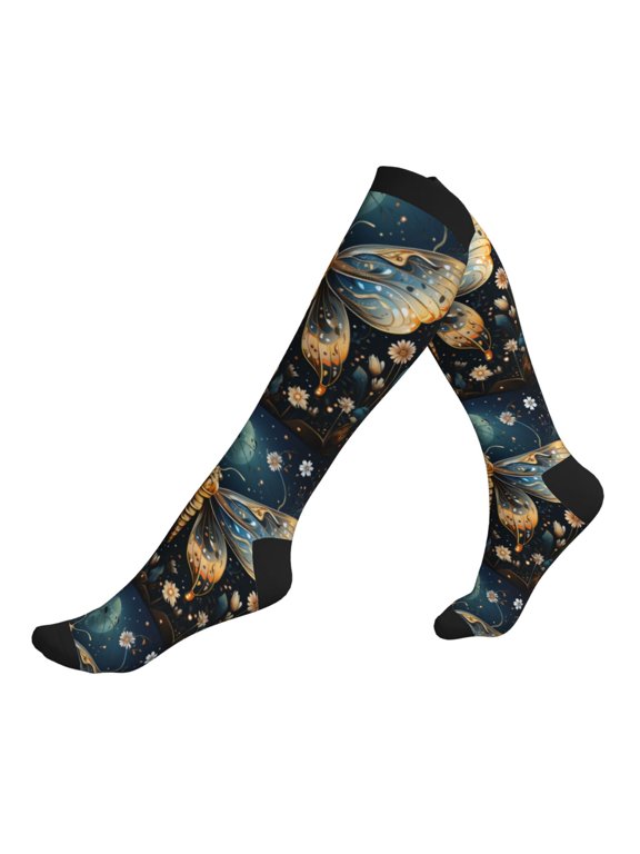 Unisex Sports Compression Socks for Nurses, Travel, Hiking & Office Work for Men Women, Hawk Moth Fireflies Art