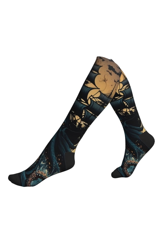 Unisex Sports Compression Socks for Nurses, Travel, Hiking & Office Work for Men Women, Kraken Octopus Tentacles Retro Boat