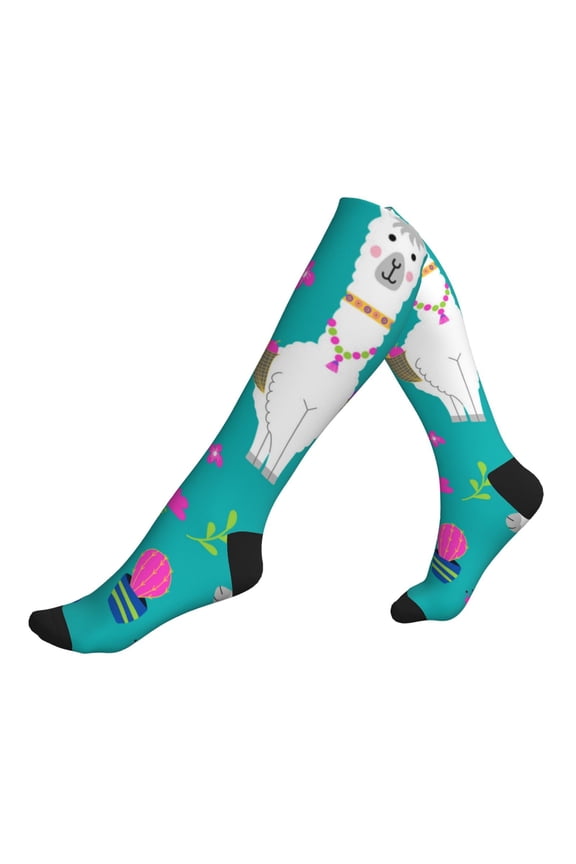 Unisex Sports Compression Socks for Nurses, Travel, Hiking & Office Work for Men Women, Llama Alpaca Cactus Cartoon