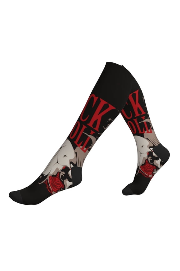 Unisex Sports Compression Socks for Nurses, Travel, Hiking & Office Work for Men Women, Rock And Roll Guitar Skull Roses