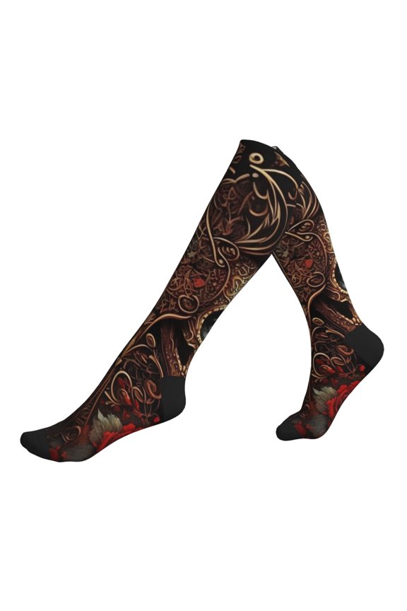 Unisex Sports Compression Socks for Nurses, Travel, Hiking & Office Work for Men Women, Skulls Lovers Day Of The Dead Red Roses