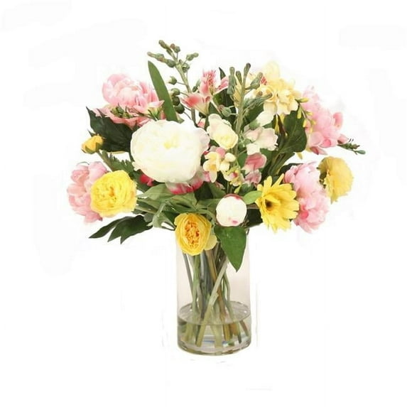 Unisex Spring Mix with Tulips, Peonies & Daisies in Glass - Yellow