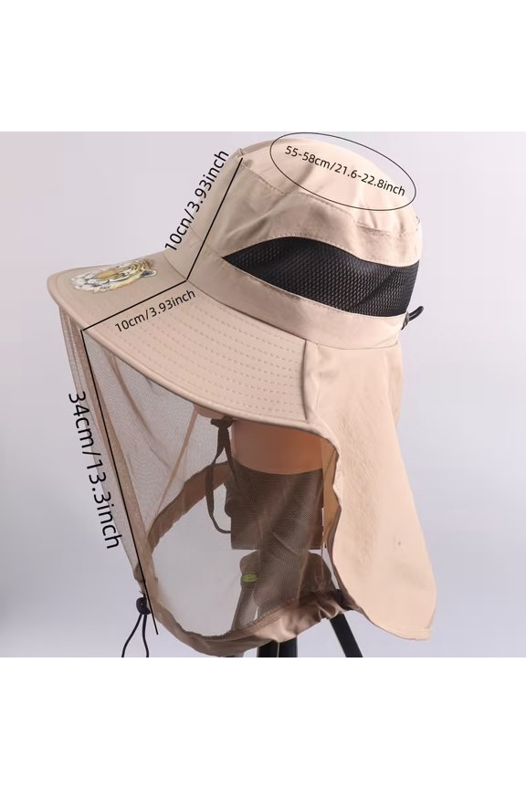 Unisex Spring Summer Wide Brim Tiger Print Mesh Hat with Adjustable Headband and Integrated Mesh Mask for Camping Fishing Outdoor Activities