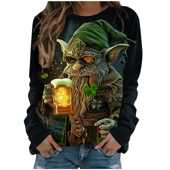 Unisex St. Patrick's Day Elderly Print Casual Long Sleeve T-Shirt