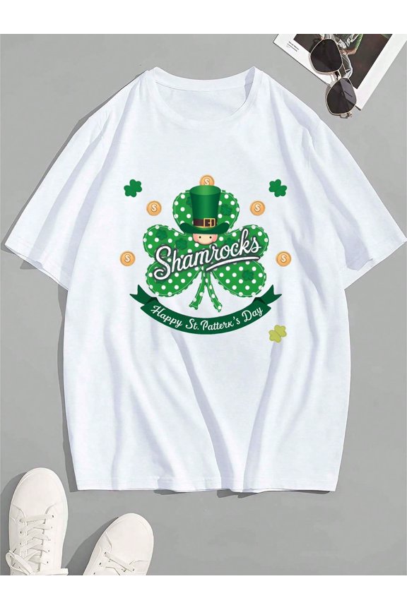 Unisex St. Patrick's Day Shamrock Graphic T-Shirt, Lucky Leprechaun Short Sleeve White Festive Tee