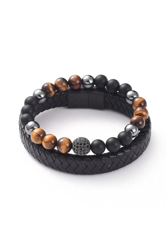 Unisex Stackable Bracelet Set Tiger Eye Agate Beads Hematite Leather Healing T52