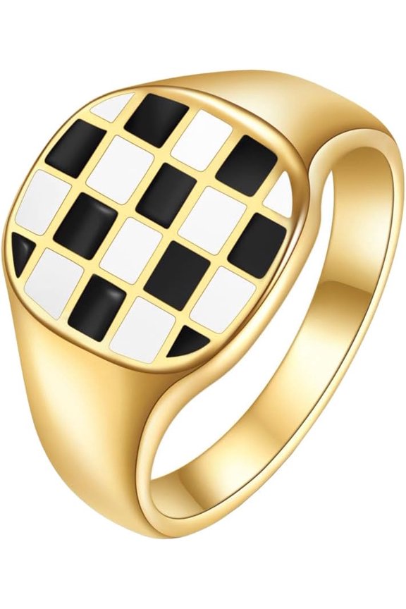 Unisex Stainless Steel 13mm Trendy Simple Cut Irregular Black and White Checkerboard Pattern Biker Ring Statement Band