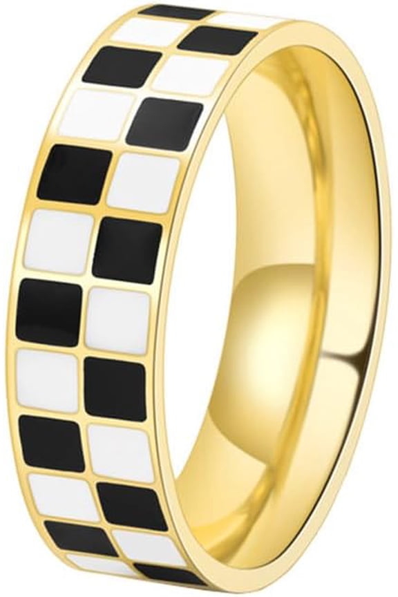 Unisex Stainless Steel 6mm Unique Irregular Black and White Checkerboard Pattern Signet Ring