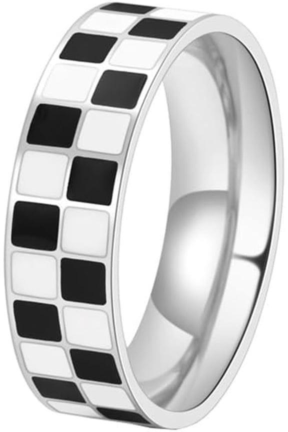 Unisex Stainless Steel 6mm Unique Irregular Black and White Checkerboard Pattern Signet Ring