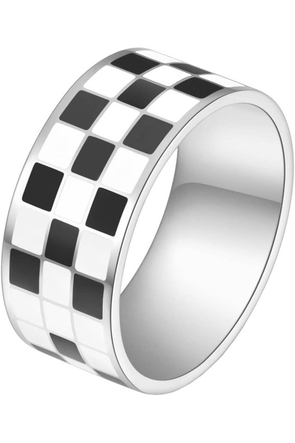 Unisex Stainless Steel 8mm Black and White Checkerboard Pattern Signet Ring