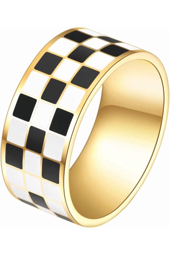 Unisex Stainless Steel 8mm Black and White Checkerboard Pattern Signet Ring