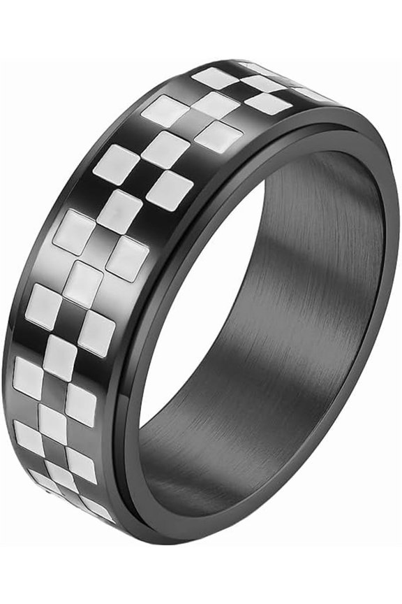 Unisex Stainless Steel 8mm Simple Irregular Black and White Checkerboard Pattern Rotatable Signet Ring