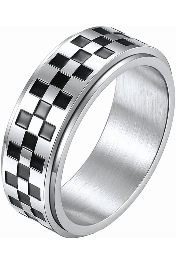 Unisex Stainless Steel 8mm Simple Irregular Black and White Checkerboard Pattern Rotatable Signet Ring