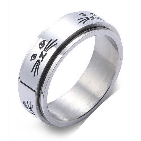 Unisex Stainless Steel Animal Ring with Rotating Cute Cat Face Design, Metal Geometry Elements, Silver Gold
