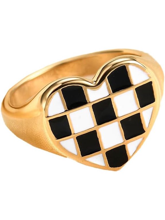 Unisex Stainless Steel Classic Elegant Irregular Black and White Checkerboard Pattern Heart Shape Couple Ring Matching Set