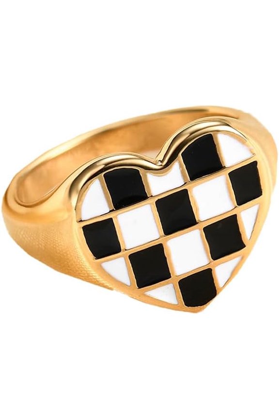 Unisex Stainless Steel Classic Elegant Irregular Black and White Checkerboard Pattern Heart Shape Couple Ring Matching Set