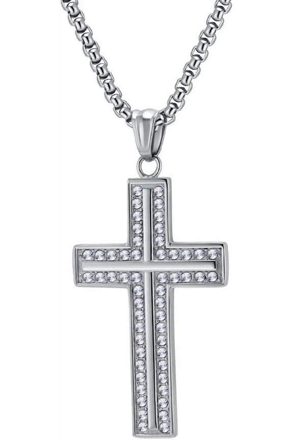 Unisex Stainless Steel Cool Hip Hop Shiny Rhinestones Micro-Pave Iced Out CZ Inlay Double Layer Cross Pendant Necklace