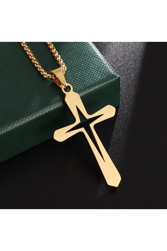 Unisex Stainless Steel Hollow Double Cross Pendant Necklace Christian Prayer Men And Women Religious Amulet Decoration Jewelry Luxury With You Accessories Trendy Best For Gift